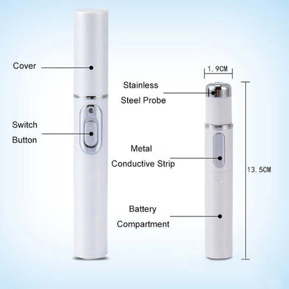 Blue light therapy acne laser pen features labeled: cover, switch button, stainless steel probe, metal conductive strip, and battery compartment.
