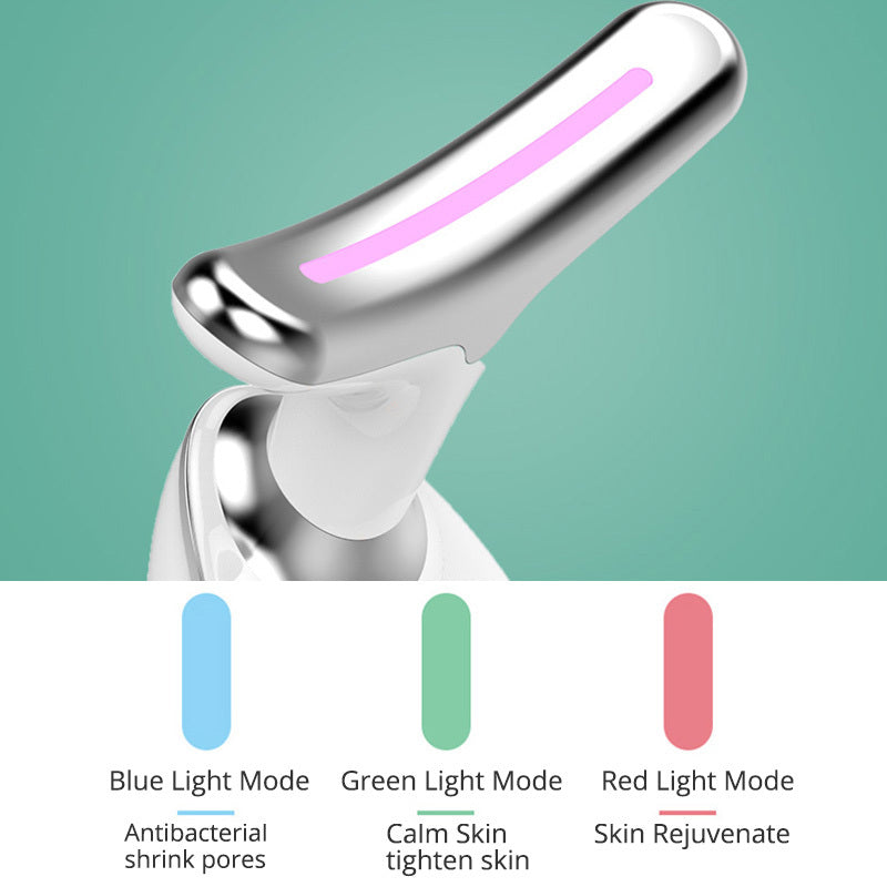 EMS neck lifting device with blue, green, and red light modes for skin rejuvenation and pore shrinking.