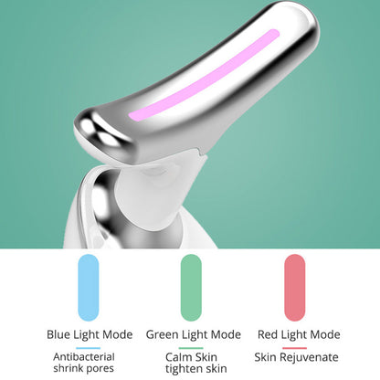 EMS neck lifting device with blue, green, and red light modes for skin rejuvenation and pore shrinking.