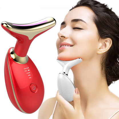 EMS neck lifting and tightening massager device for facial contouring from Bloomritual, shown in use.